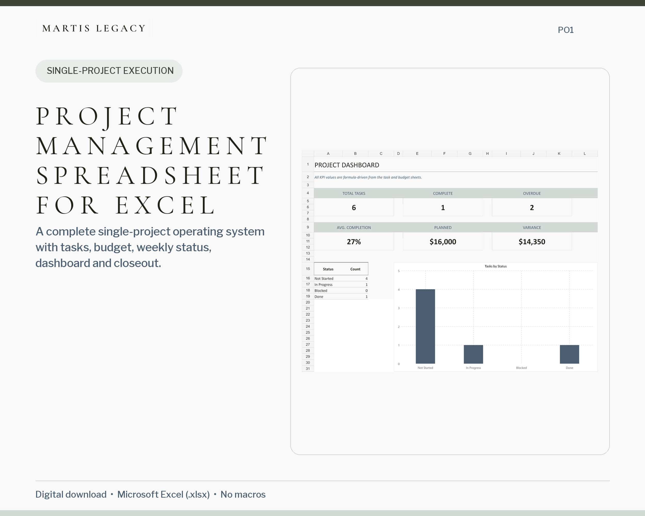Project Management Spreadsheet for Excel shown with a real Excel dashboard preview.