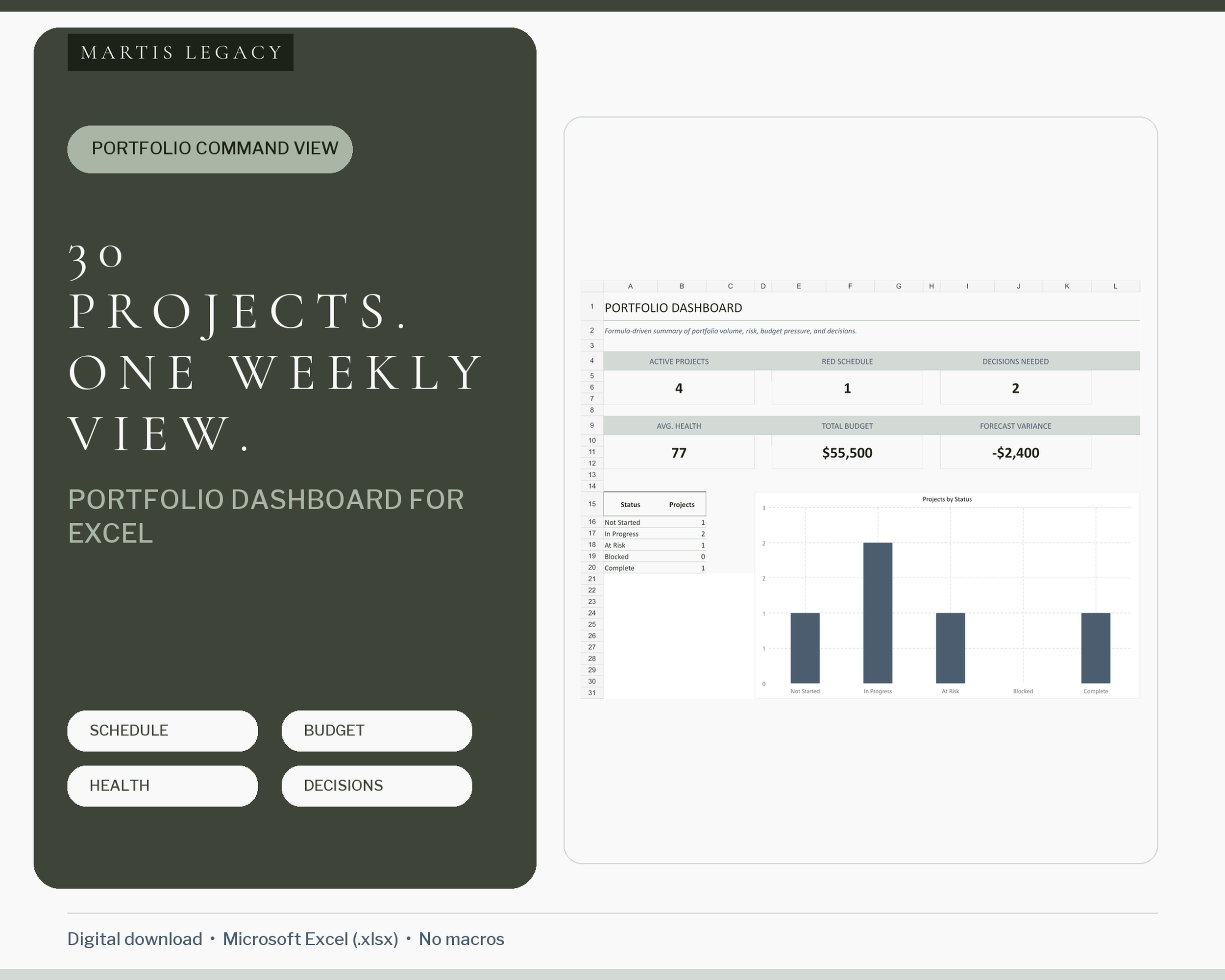 Thirty-project portfolio dashboard for Excel with a real dashboard preview.